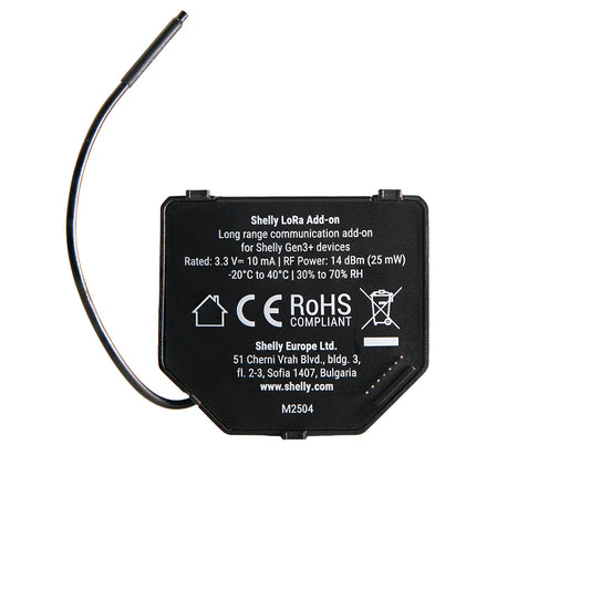 Black electronic Shelly add-on device with text and symbols on a white background | Lykalyte