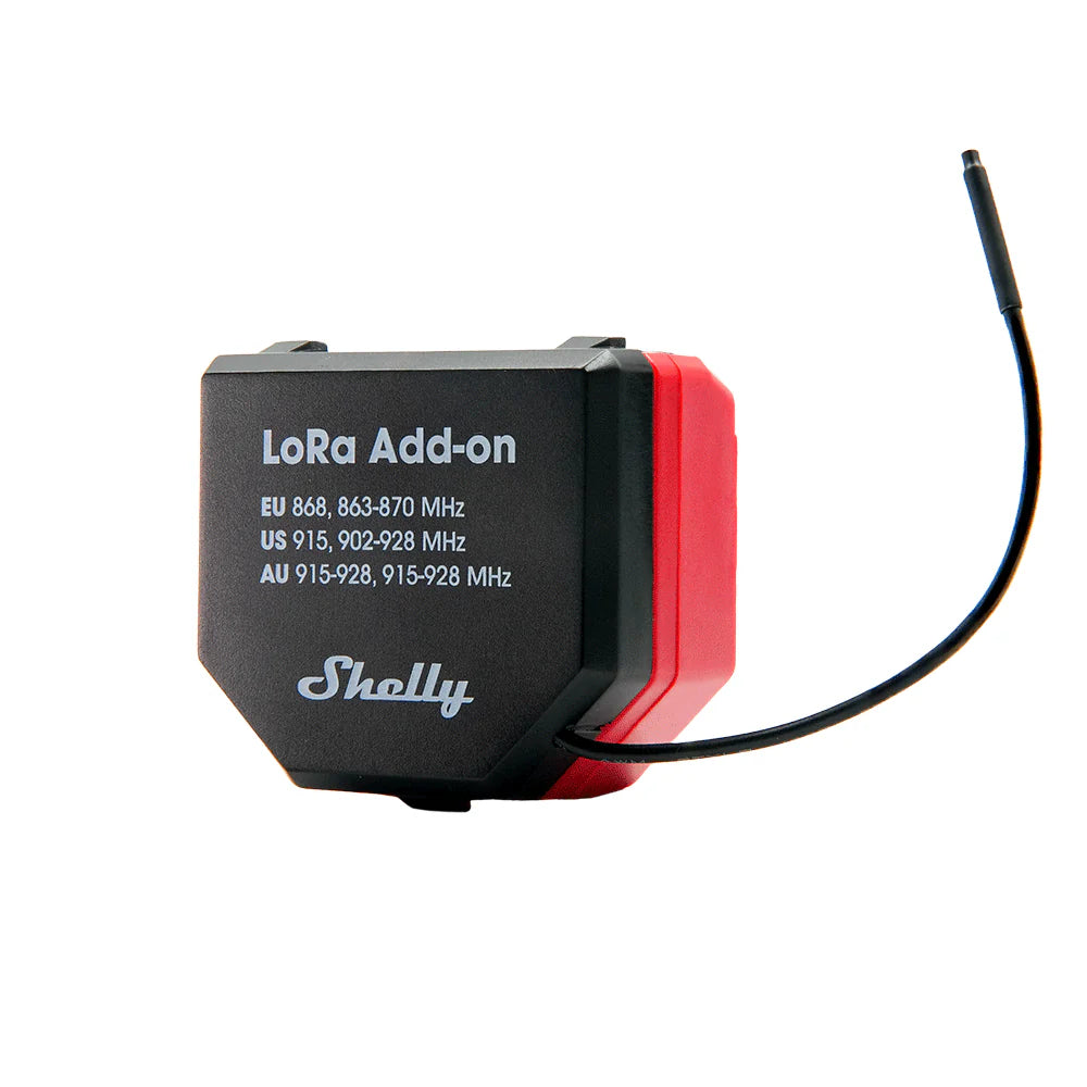 Shelly LoRa add-on device with black and red design on a white background | Lykalyte