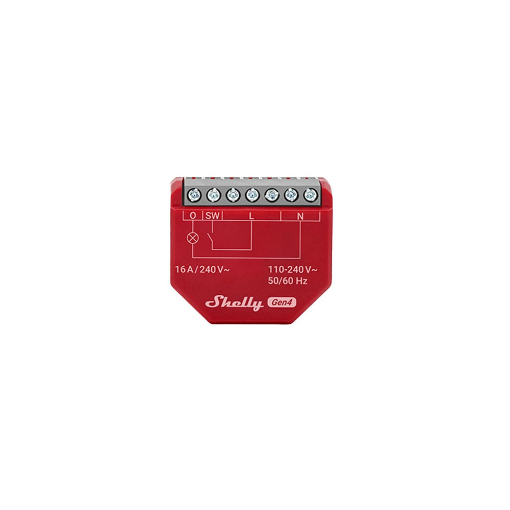 A red Shelly 1PM Gen4 analog input module with terminal connectors on top, shown against a plain white background. | Lykalyte