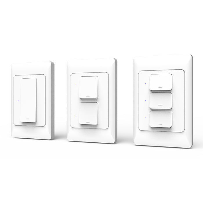 Image of 3 WiFi smart light switches side by side. From left to right 1, 2 and 3 gang (button).