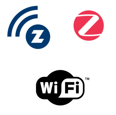 Z-wave Zigbee and Wifi logos on white background