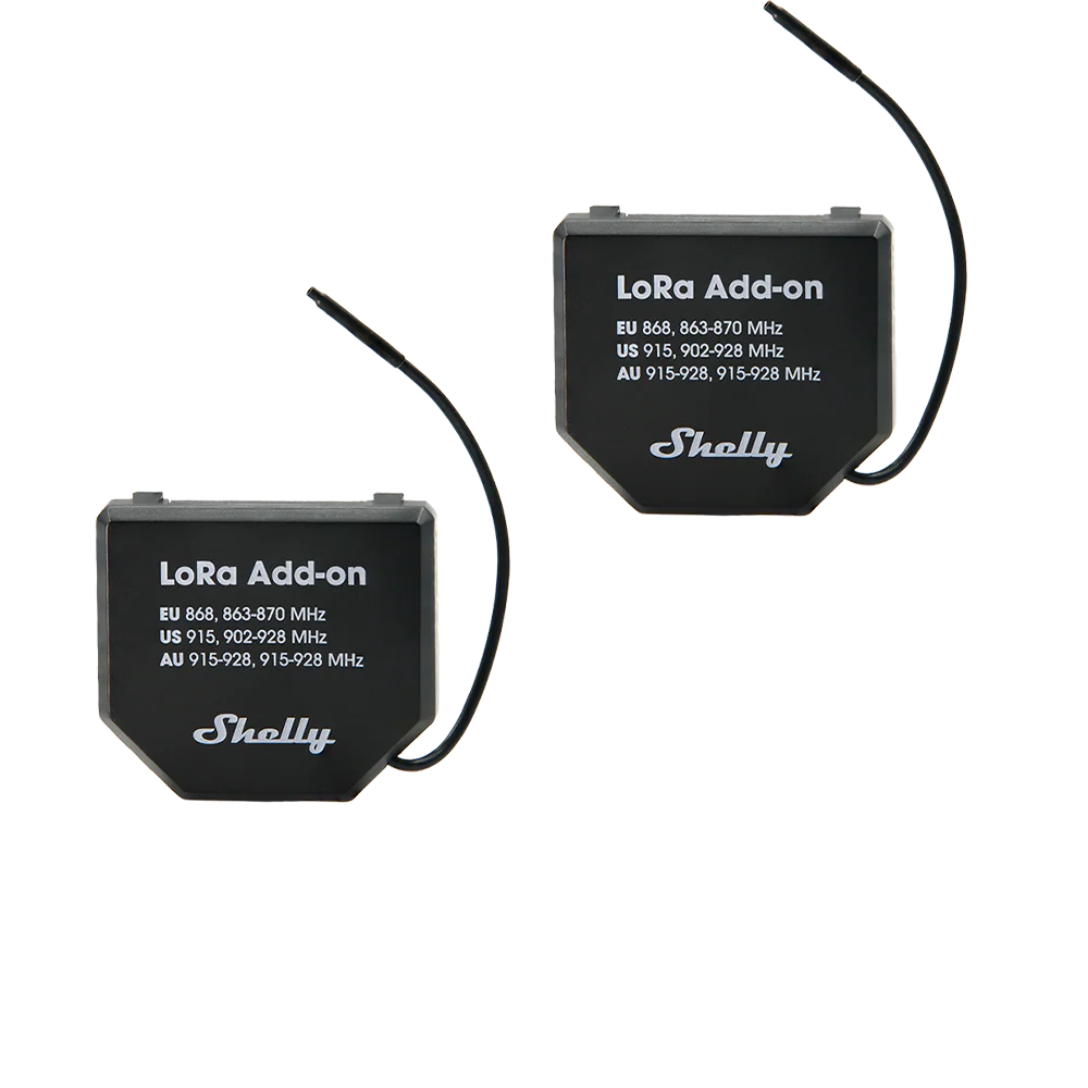 Two Shelly LoRa Add-on devices on a white background | Lykalyte