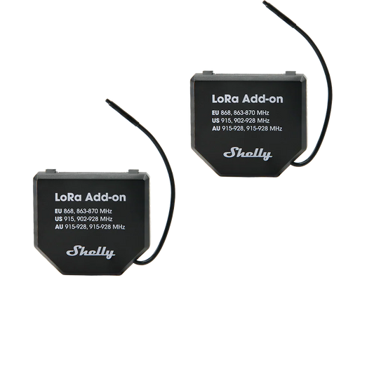 Two Shelly LoRa Add-on devices on a white background | Lykalyte