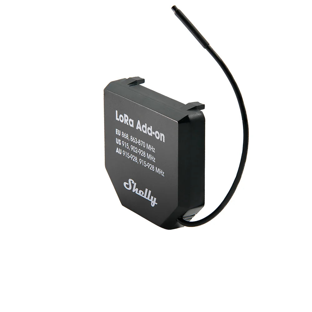 A black LoRa Add-on module with a thin antenna, featuring white printed text including 'LoRa Add-on' and the 'Shally' brand name, shown on a plain white background. | Lykalyte