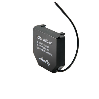 A black LoRa Add-on module with a thin antenna, featuring white printed text including 'LoRa Add-on' and the 'Shally' brand name, shown on a plain white background. | Lykalyte