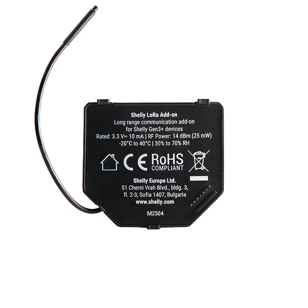 Black electronic Shelly add-on device with text and symbols on a white background | Lykalyte