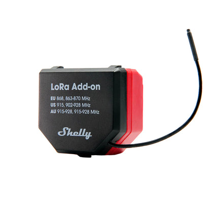 Shelly LoRa add-on device with black and red design on a white background | Lykalyte