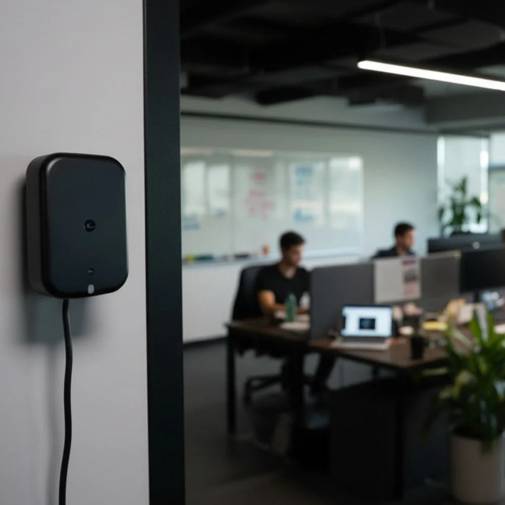 Black Shelly Presence Gen4 mounted on a wall with an office in the background | Lykalyte