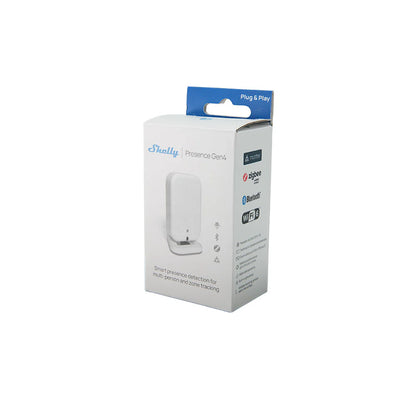 Shelly Presence Gen2 packaging with Bluetooth and Zigbee logos on a white background | Lykalyte