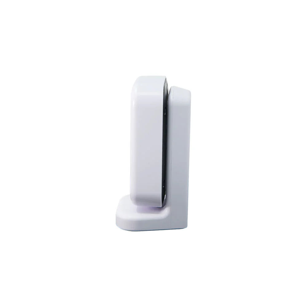 Side view of a White Shelly Presence Gen4 with flat mounting base, on a solid white background. | Lykalyte