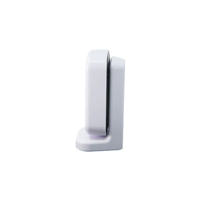 Side view of a White Shelly Presence Gen4 with flat mounting base, on a solid white background. | Lykalyte