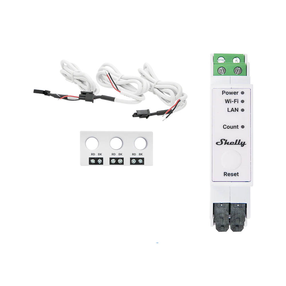 Electrical component with wiring and 'Shelly' branding on a white background Shelly Pro 3EM 3CT 63 | Lykalyte