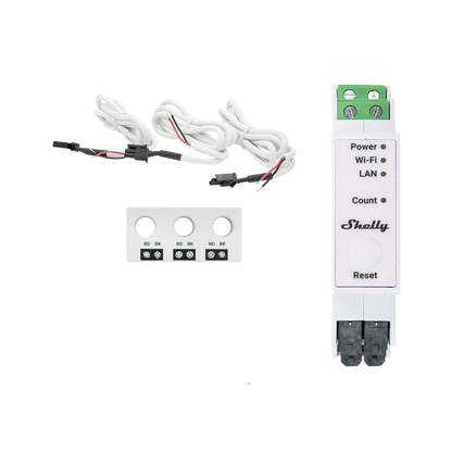Electrical component with wiring and 'Shelly' branding on a white background Shelly Pro 3EM 3CT 63 | Lykalyte