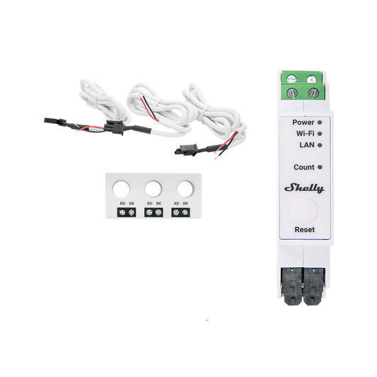 Electrical component with wiring and 'Shelly' branding on a white background Shelly Pro 3EM 3CT 63 | Lykalyte