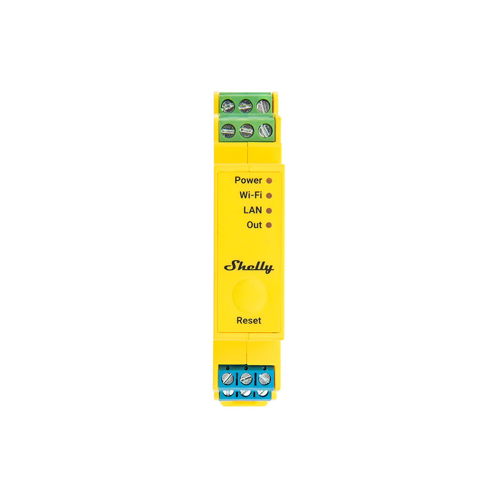 Shelly Pro RGBWW PM yellow DIN mount relay with wiring terminals top and bottom front view | Lykalyte
