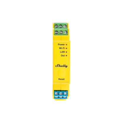 Shelly Pro RGBWW PM yellow DIN mount relay with wiring terminals top and bottom front view | Lykalyte