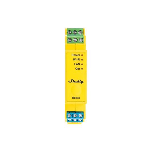 Shelly Pro RGBWW PM yellow DIN mount relay with wiring terminals top and bottom front view | Lykalyte