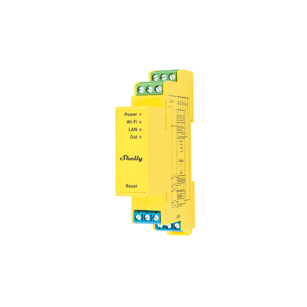 Shelly Pro RGBWW PM yellow DIN mount relay with wiring terminals top and bottom | Lykalyte