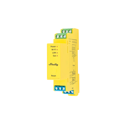Shelly Pro RGBWW PM yellow DIN mount relay with wiring terminals top and bottom | Lykalyte