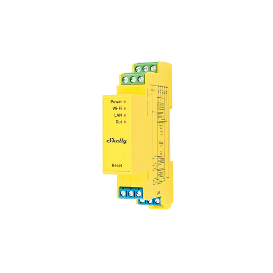 Shelly Pro RGBWW PM yellow DIN mount relay with wiring terminals top and bottom | Lykalyte