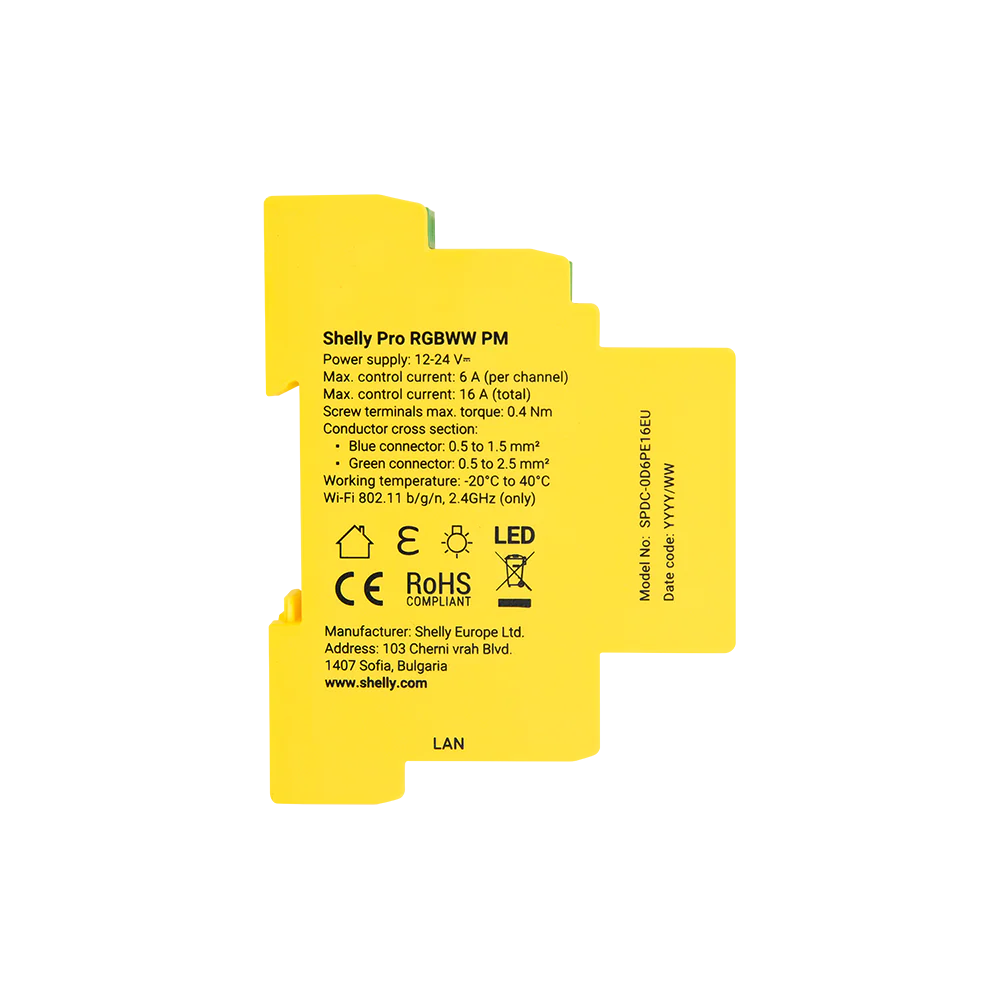 Shelly Pro RGBWW PM yellow DIN mount relay with wiring terminals top and bottom side view product information text | Lykalyte