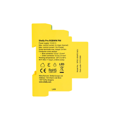Shelly Pro RGBWW PM yellow DIN mount relay with wiring terminals top and bottom side view product information text | Lykalyte