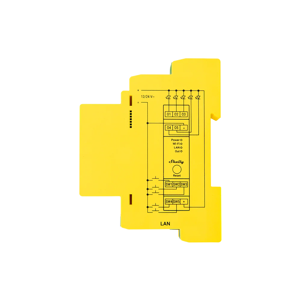 Shelly Pro RGBWW PM yellow DIN mount relay with wiring terminals top and bottom side view wiring diagram | Lykalyte