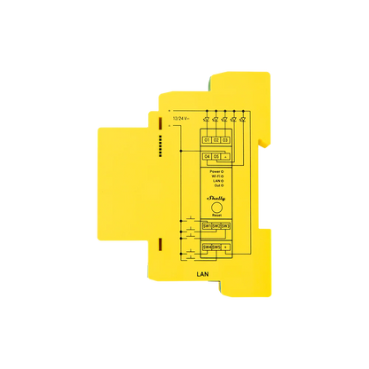 Shelly Pro RGBWW PM yellow DIN mount relay with wiring terminals top and bottom side view wiring diagram | Lykalyte