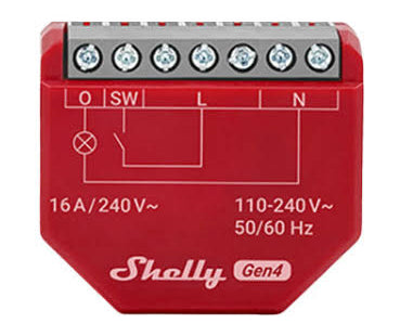Red electronic device labeled 'Shelly Gen4' on a white background Shelly 1PM Gen4 ANZ | Lykalyte