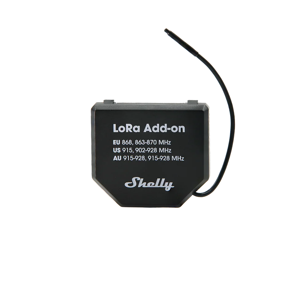 A black LoRa Add-on module with a thin black wire extending from the top right, featuring white text that reads 'LoRa Add-on' and 'Shelly' on a plain white background. | Lykalyte