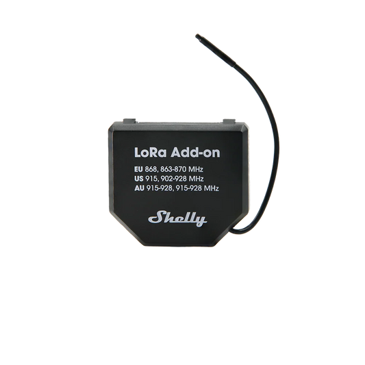 A black LoRa Add-on module with a thin black wire extending from the top right, featuring white text that reads 'LoRa Add-on' and 'Shelly' on a plain white background. | Lykalyte