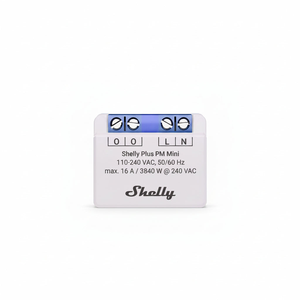 Shelly Plus PM Mini device on a white background Shelly Plus PM Mini | Lykalyte