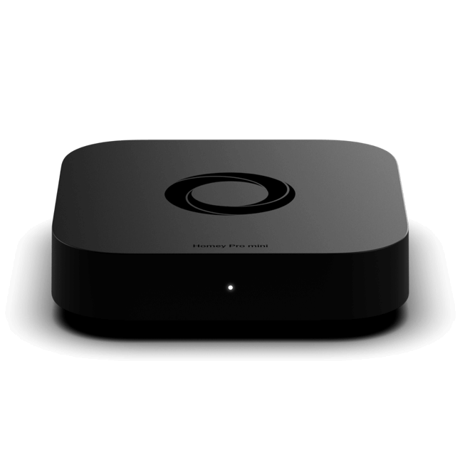 A Homey Pro mini smart home hub device in a glossy black finish, shown from a front-facing perspective on a white background with a soft reflection. | Lykalyte