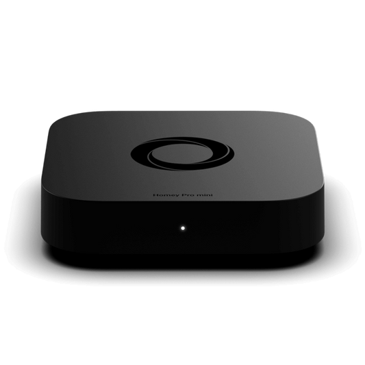 A Homey Pro mini smart home hub device in a glossy black finish, shown from a front-facing perspective on a white background with a soft reflection. | Lykalyte