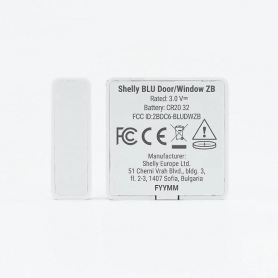 Small Square White Shelly device with small with rectangle magnet back side with text Shelly BLU Door/Window ZB | Lykalyte