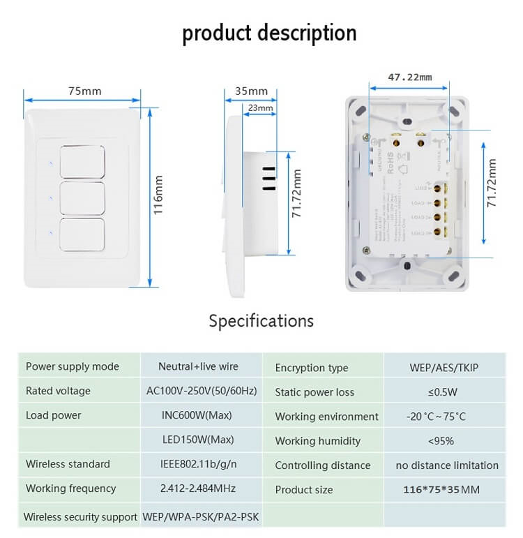 WiFi Smart Switch Product Description with dimensions